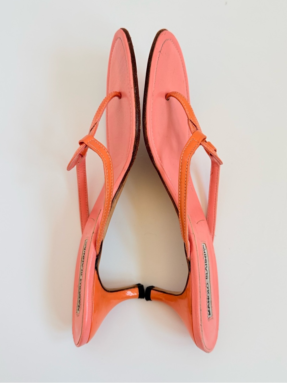 Manolo Blahnik Coral Pink Orange Thong Mule Sandals Heels EU 37.5 Italy Vintage - Picture 6 of 10